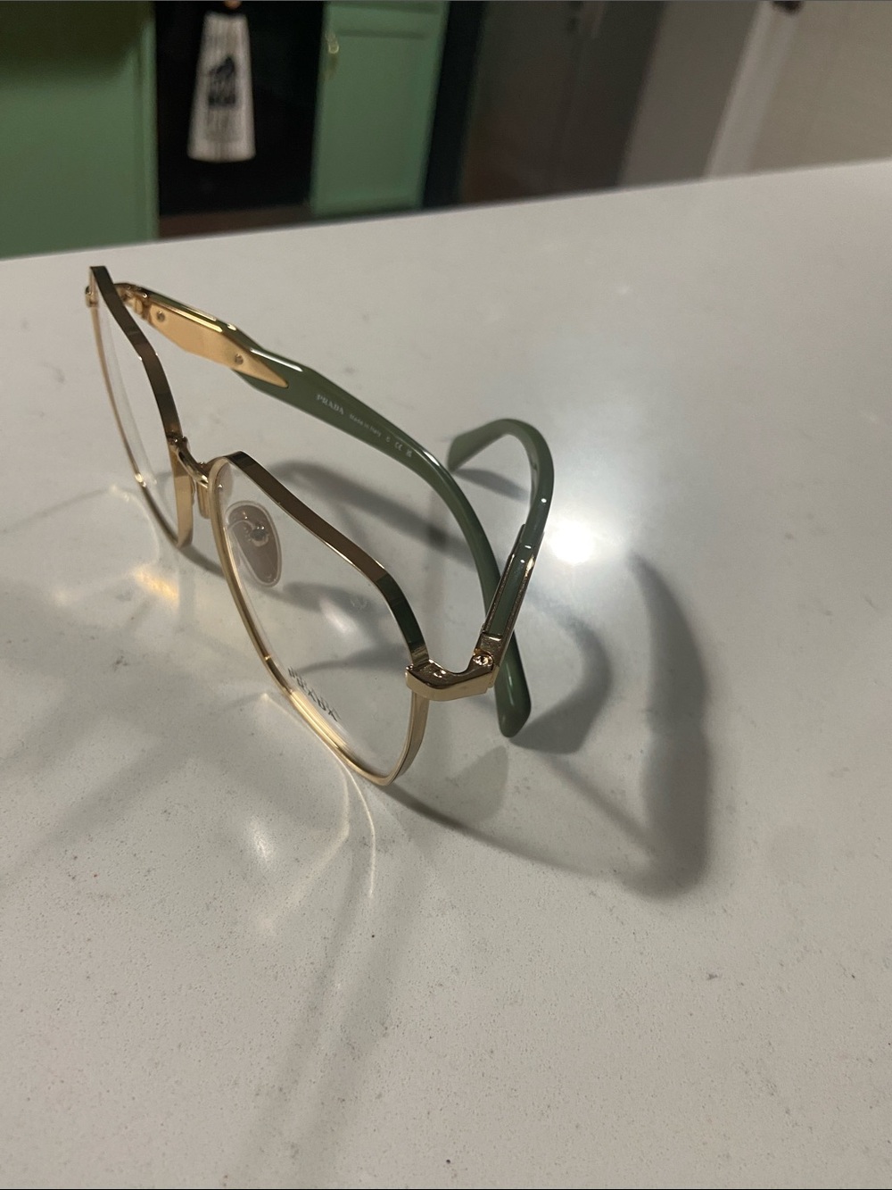 Prada Gold Hexagonal Metal Frame Glasses with Clear Lenses and green arms - Picture 4 of 4